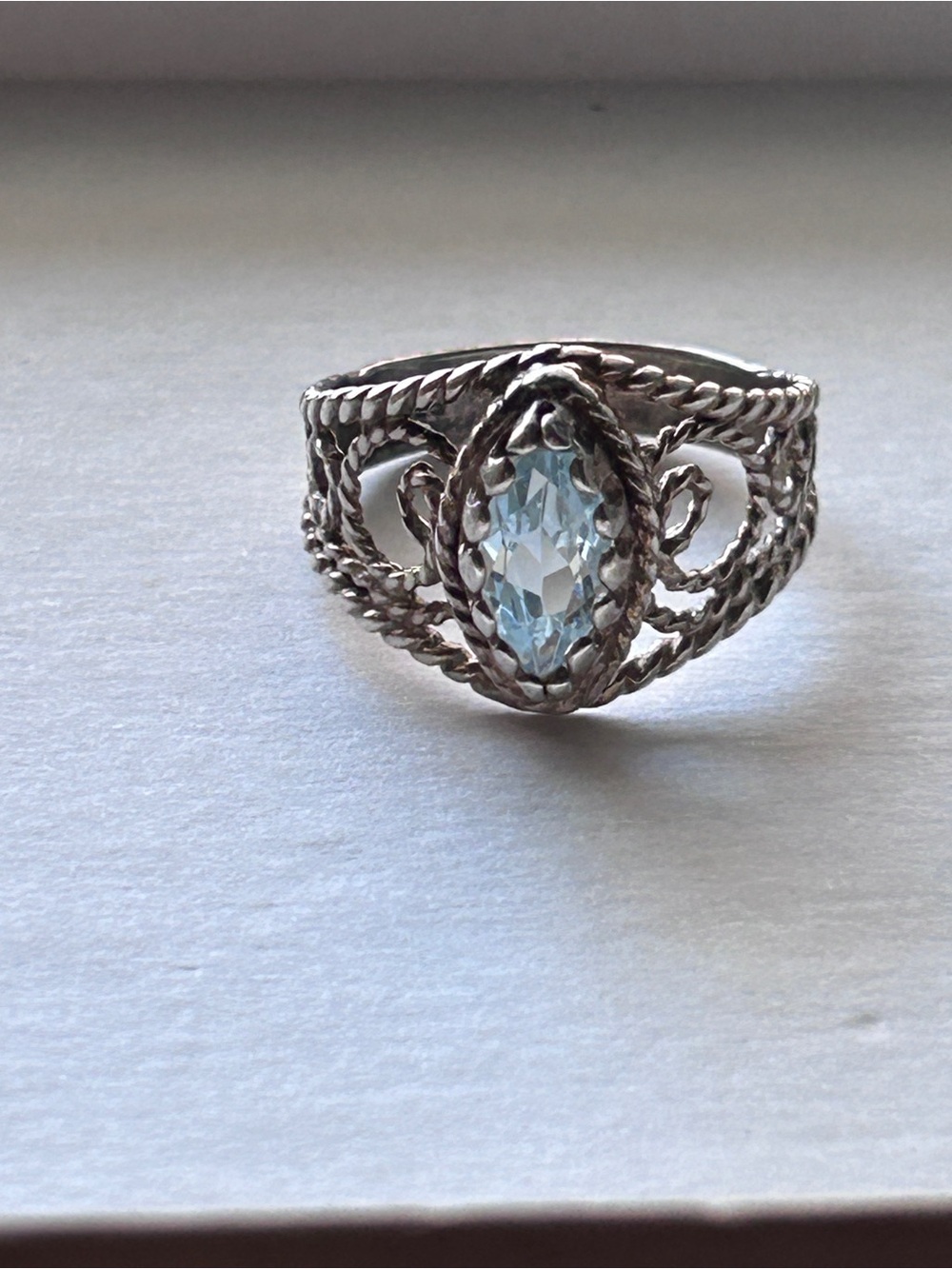 Sterling Silver Blue Topaz Marquise Filigree Ring